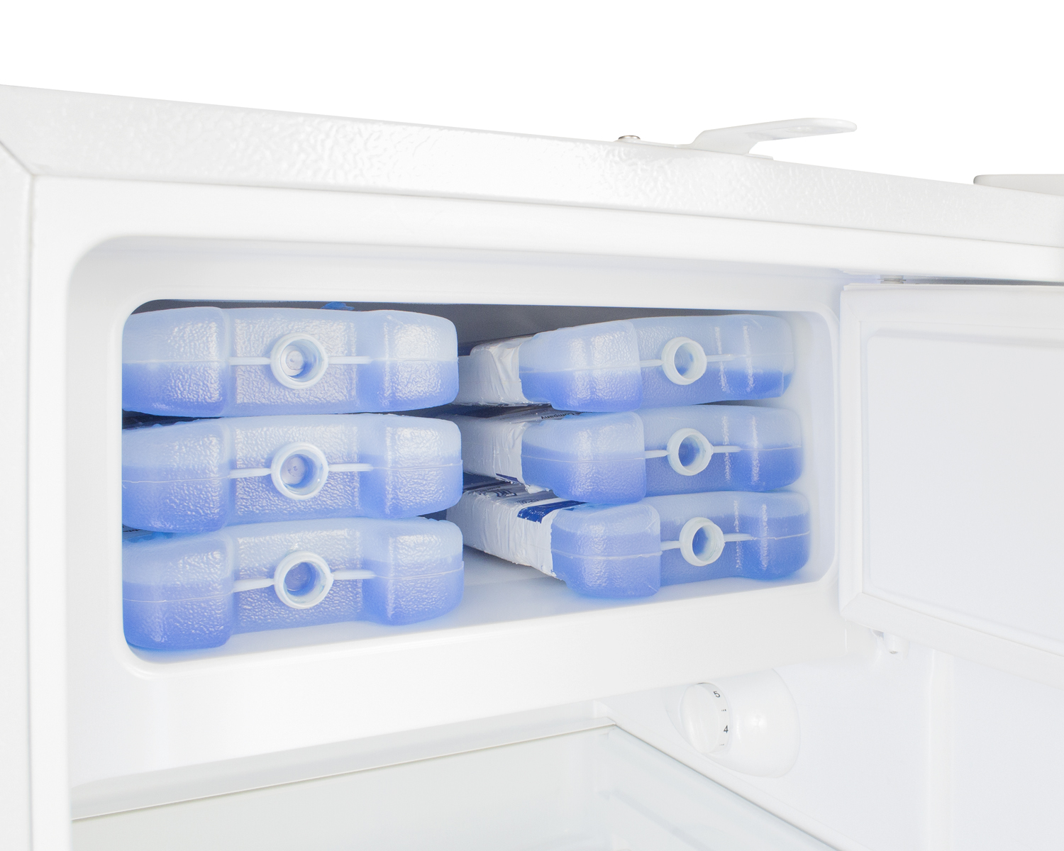 Built-in undercounter, ADA compliant refrigerator-freezer in white, designed for general purpose storage, with pure copper towel bar handle, manual defrost with glass shelves, front lock, and door storage